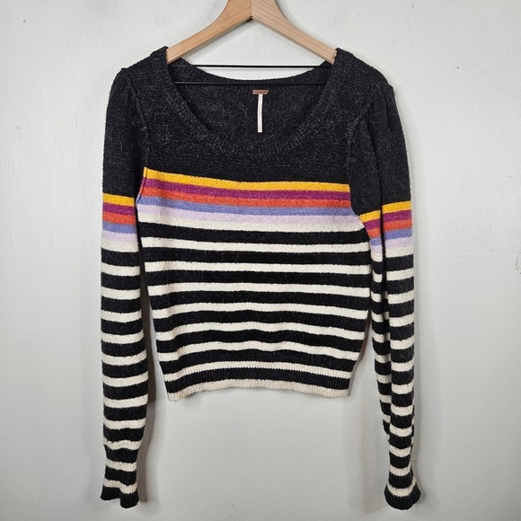 Free People Complete Me Alpaca Mohair Retrop Stripe Sweater XS Black Ivory‎ - Picture 2 of 9